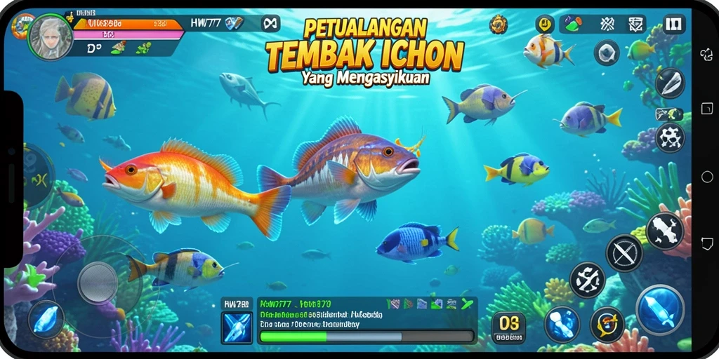 Screenshot utama HW777 menampilkan aksi seru menangkap ikan.