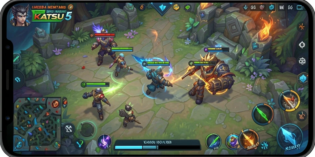 Screenshot gameplay KATSU5 yang menegangkan dalam pertempuran MOBA.