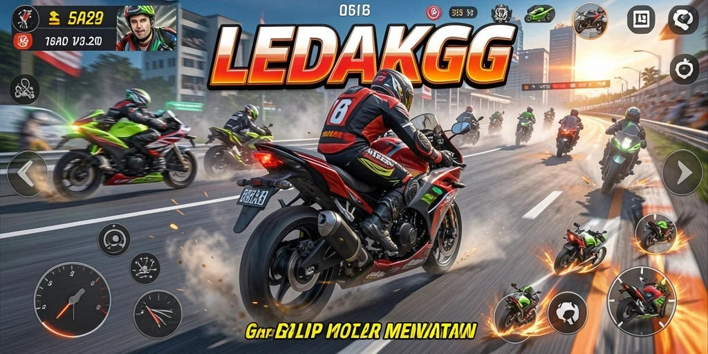 Tampilan gameplay LEDAKGG dengan balapan motor yang mendebarkan.