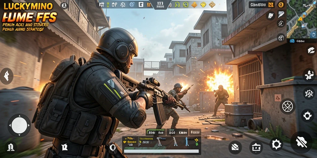 Tampilan menarik dari gameplay intens LUCKYMINO di medan perang.