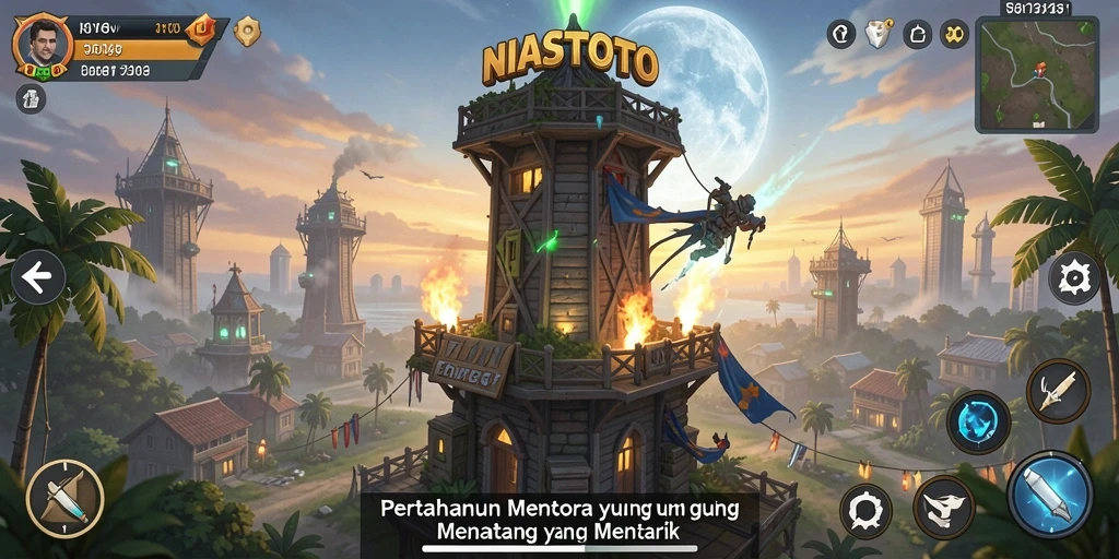 Screenshot gameplay NIASTOTO menampilkan pertahanan menara yang strategis dan mendebarkan.