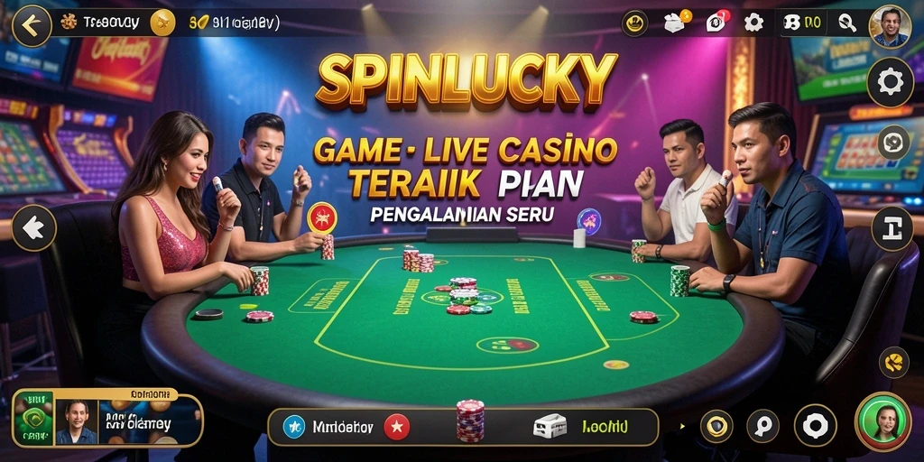 Tampilan gameplay SPINLUCKY yang menampilkan dealer langsung dan suasana kasino yang mendukung.