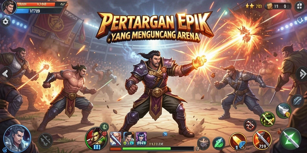 Screenshot menunjukkan pertarungan intens dengan efek visual yang memukau.
